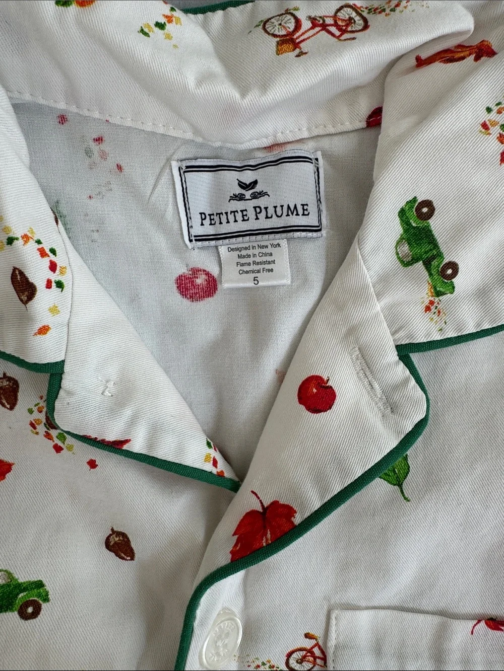 Children's White Autumn Leaf Print Pajama Set with Green Trim